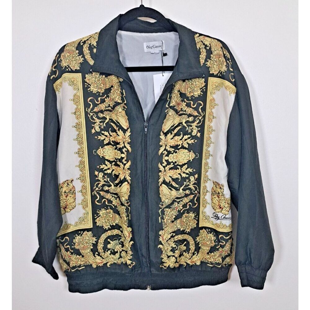 Oleg Cassini Track Jacet Size Small Black Gold Cheetah Grecian Silk Vintage